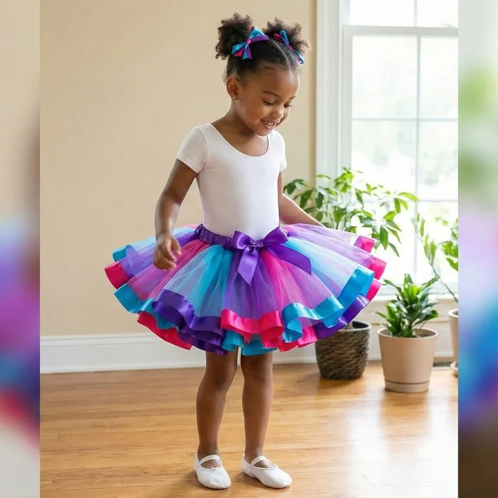 Girls Rainbow Tulle Tutu Skirt | Purple Blue Pink Ruffle Trim w/ Bow | Party